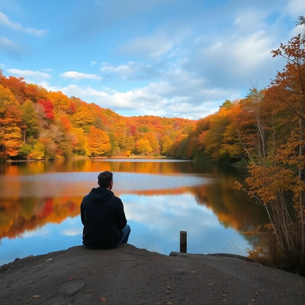 A person sitting quietly near a New England lake, representing reflection and the path toward sobriety