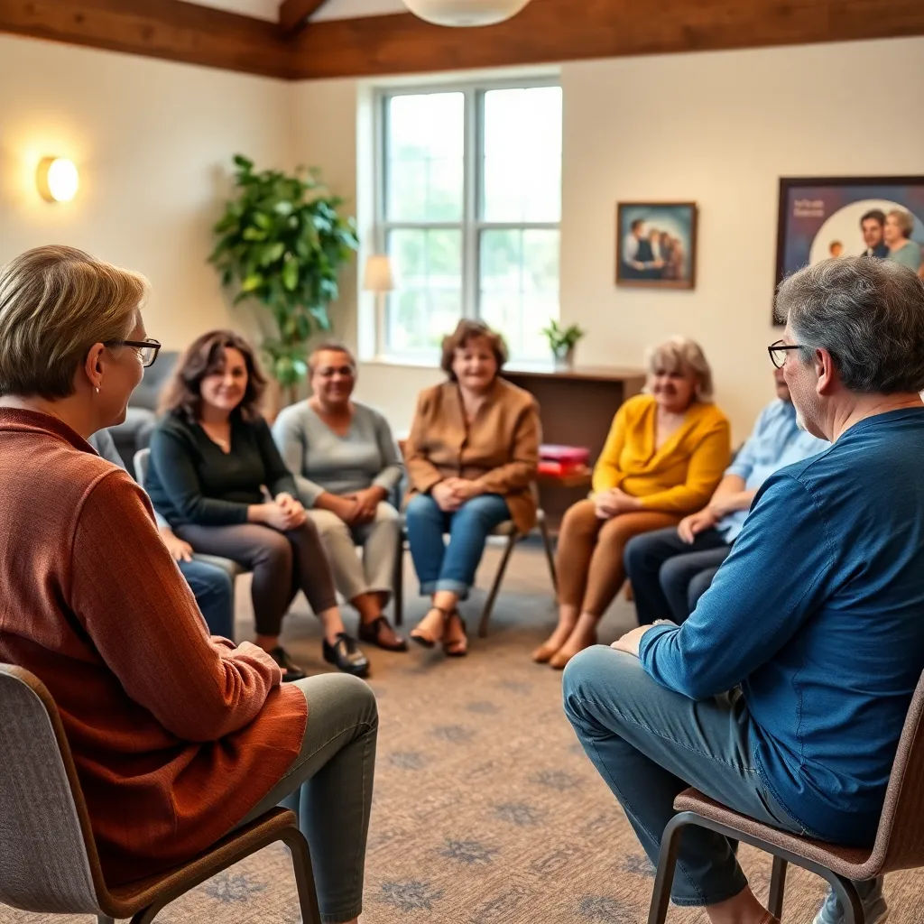 A peer support group meeting in Massachusetts, people gathered in a circle of shared recovery